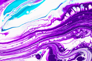 Fluid art texture. Background with abstract mixing paint effect. Liquid acrylic artwork with flows and splashes. Mixed paints for baner or wallpaper. Purple, turquoise and white overflowing colors.