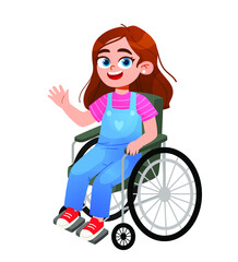 Fototapeta na wymiar Cute Smiling Child with Disabilities Set, Flat Vector Illustration Girl in Wheel Chair. Children in wheelchair unhealthy people handicapped vector people. 