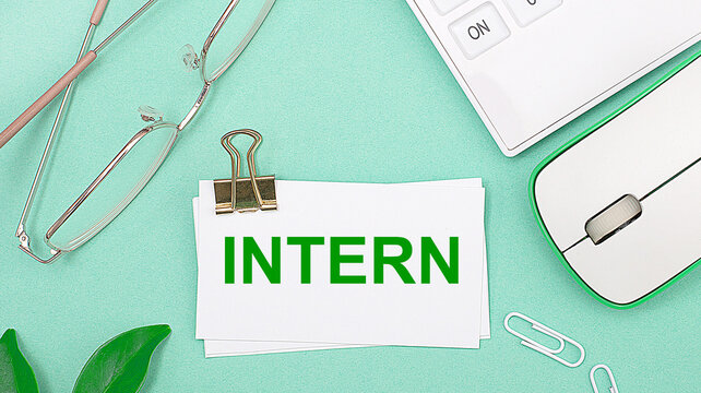 On a light green background there is a white calculator, a computer mouse, green leaves of a plant, gold-rimmed glasses and a white card with text INTERN. Business concept