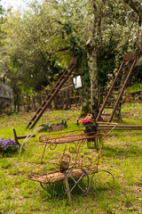 Fototapeta premium garden with old rusty ladders and cart
