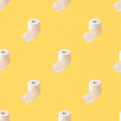 Seamless pattern on a bright yellow background roll of white toilet paper