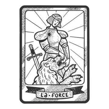 Tarot playing card Force sketch engraving vector illustration. T-shirt apparel print design. Scratch board imitation. Black and white hand drawn image.