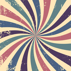 groovy retro starburst sunburst background pattern and grunge textured vintage color palette of blue green pink purple and beige white in spiral or swirled radial striped nostalgic hippy 60s design