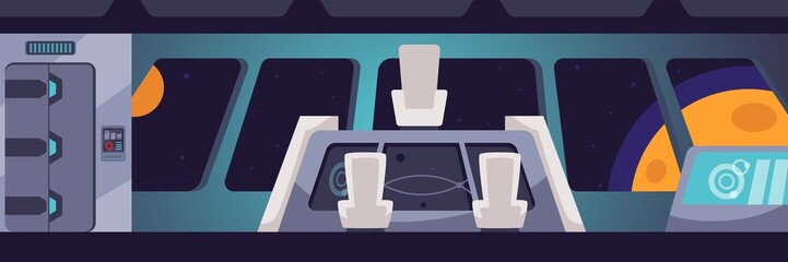 Spaceship interior, cockpit room with chairs and control panels, flat vector illustration. © sabelskaya