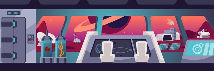 Cabin of the spacecraft. Fantasy spaceship interior, vector flat illustration. Astronomical technologies. © sabelskaya