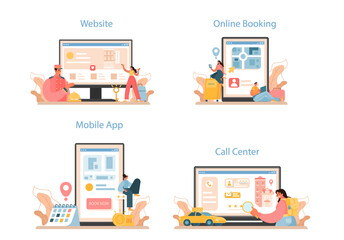 Booking a hotel online service or platform set. Traveling and tourism planning