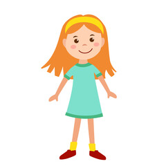 Vector girl with red hair, little child girl in green dress, flat illustration for children, print design in cartoon style 