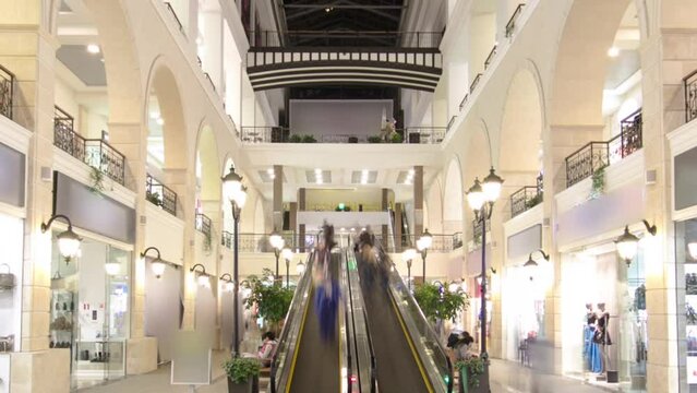 Motion escalators at the modern shopping mall timelapse hyperlapse.