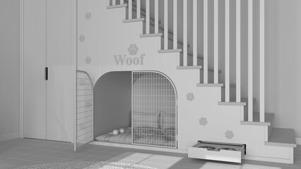 Total white project draft, cozy space devoted to pets, dog room interior design, concept idea. Wooden staircase decorated with prints, kennel with pillows and gate, wardrobe