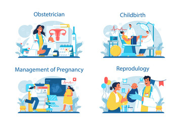 Obstetrician set. Reproductologist and reproductive health. Gynecologist