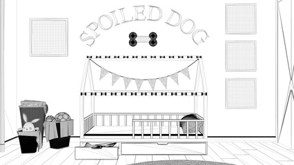 Blueprint project draft, dog room interior design, cozy space devoted to pets. Wooden dog bed with pillow and drawer with treat bowl. Baskets with towels and toys, frames