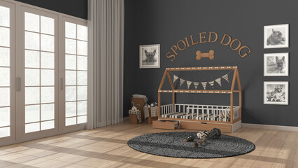 Dog room interior design, modern space devoted to pets in gray and wooden tones. Big window with curtain and parquet floor, cozy dog bed with pillows, frames, carpet with toys