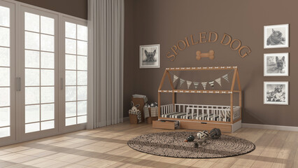 Dog room interior design, modern space devoted to pets in taupe and wooden tones. Big window with curtain and parquet floor, cozy dog bed with pillows, frames, carpet with toys