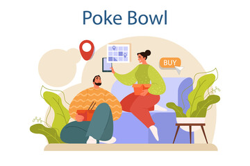 Poke bowl. Fresh healthy food with salmon, tuna or shrimp toppings.