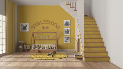 Modern space devoted to pets in yellow and wooden tones, dog room interior design. Window, staircase decorated with prints, kennel with gate, dog bed with pillows, carpet with toys