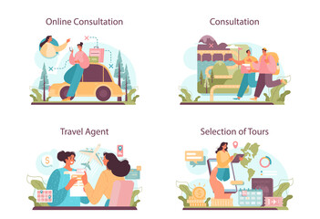 Obraz premium Tourism expert concept set. Agent creating and selling personal travel tour.