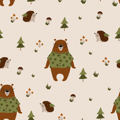 seamless pattern with bear and hedgehog