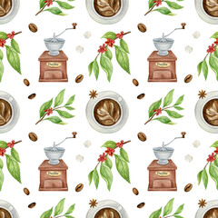 watercolor seamless pattern with coffee