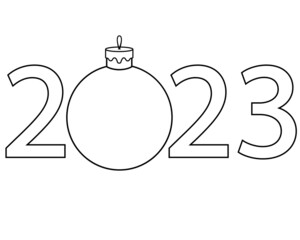 2023 with a Christmas ball - vector linear inscription. Outline. New year 2023 date