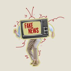 Contemporary art collage. Man with retro TV set head dancing, spreading fake news isolated over...