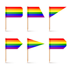 Fototapeta premium Realistic various toothpick flags. Wooden toothpicks with rainbow LGBTQ paper flag. Blank mockup for advertising and promotions. Pride month. Vector illustration
