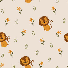 seamless pattern with lion and flowers
