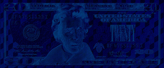Closeup of front side of 20 dollar banknote