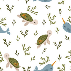 seamless pattern with turtle and narwhal