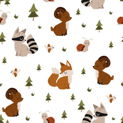seamless pattern with urial, fox and raccoon