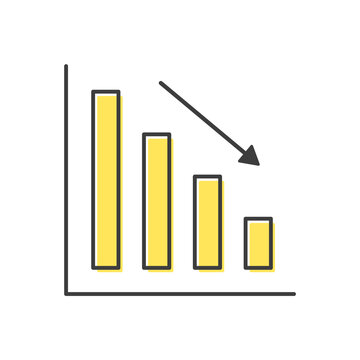 右肩下がりの矢印と黄色の棒グラフ - 減少・下落・業績悪化のイメージ素材
