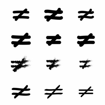 not equal sign icon collection. 12 hand drawn not equal sign. mathematics symbols isolated on white background