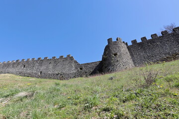 Medieval walls of the Verrucole Fortress in San Romano in Garfagnana in the province of Lucca,...