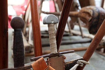 Swords and other medieval weapons of an army of warriors.