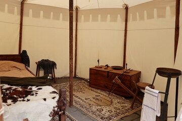 The inside of a medieval warrior's tent. Medieval military camp.