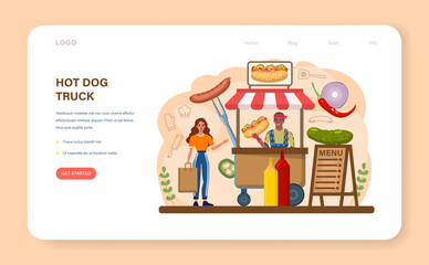 Hot dog web banner or landing page. Unhealthy fast food cooking