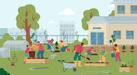 Teachers and children planting trees and bushes in the school backyard flat vector illustration. School garden with people, greenhouses, beds, cart with earth, freshly planted trees and bushes. - obrazy, fototapety, plakaty