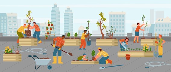 Fototapeta Adults and children gardening together on the rooftop vector illustration. Urban community garden. obraz