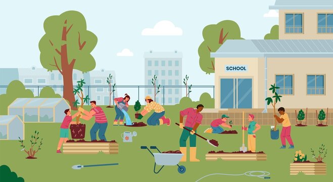Teachers and children planting trees and bushes in the school backyard flat vector illustration. School garden with people, greenhouses, beds, cart with earth, freshly planted trees and bushes.