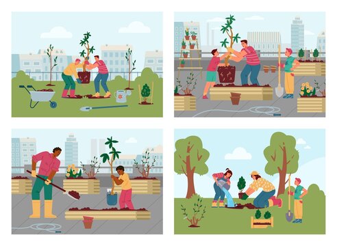 Adults and kids planting trees and bushes in the city park, on the rooftop and in the countryside vector scenes set. . Gardening with children outdoors.