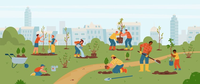 Adults And Kids Planting Trees And Bushes In The Park Vector Illustration. Different People Carrying Trees, Digging, Watering. Gardening With Children Outdoors.