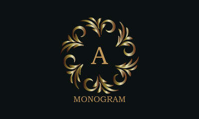 Golden monogram design template with letter A. Round logo, business identity sign for restaurant, boutique, cafe, hotel, heraldic, jewelry.