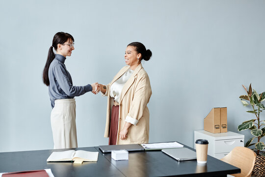 Minimal Side View Portrait Of Two Young Business Women Shaking Hands And Greeting Each Other During Meeting In Office, Copy Space