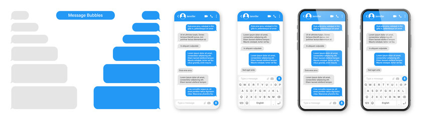 Realistic smartphone with messaging app. Blank SMS text frame. Conversation chat screen with blue message bubbles. Social media application. Vector illustration.