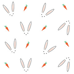 Happy Easter, decorated easter card, banner. Bunnies, Easter eggs, flowers and basket. Folk style patterned design.	
