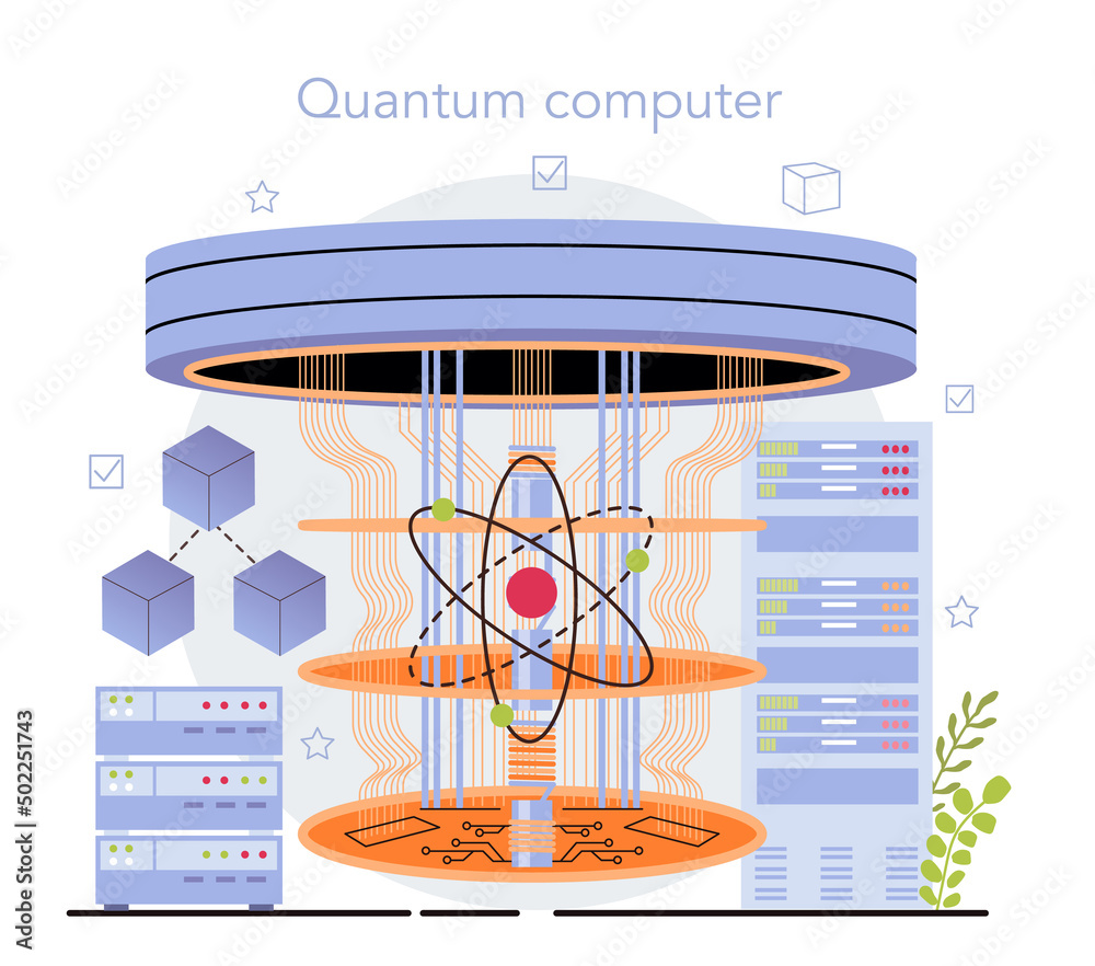 Poster quantum computer developing. innovative calculations technology. engineers