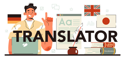 Translator typographic header. Linguist translating document, books - obrazy, fototapety, plakaty