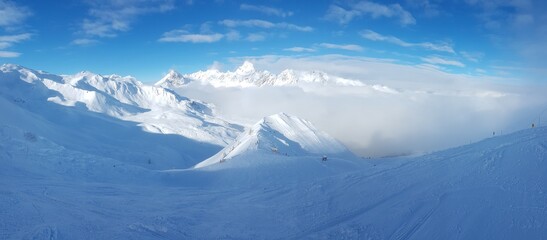 Panoramic view over snowy ski resort in Austrian Alps during daytime