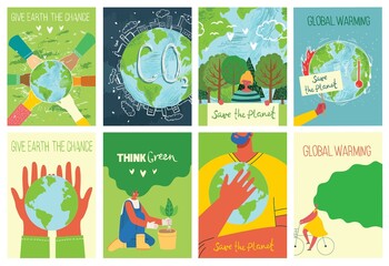 Vector eco illustration cards for social poster, banner or card of saving the planet, human hands protect our earth.