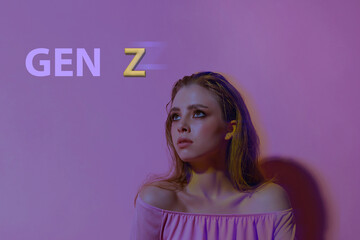 Girl with wet hair looks up with inscription Gen Z, vintage style pink, back to the 90s, copyspace