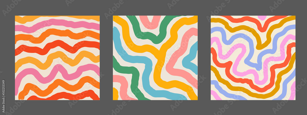 Poster set of cool hand drawn abstract colorful brush stripes. retro abstraction psychedelic art.